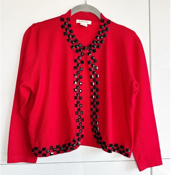 Luxxe Lane Red Cardigan Bejeweled Shrug Size Small Black Beads Crystals - Picture 1 of 7
